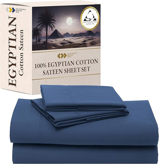 California Design Den King Size Sheets Set Deep Pockets - Certified 100% Egyptian Cotton Sheets King Size, Soft Sateen, Deep Pockets with Anti-Skid Elastic, Cool and Durable Luxury Bedding - Navy Blue