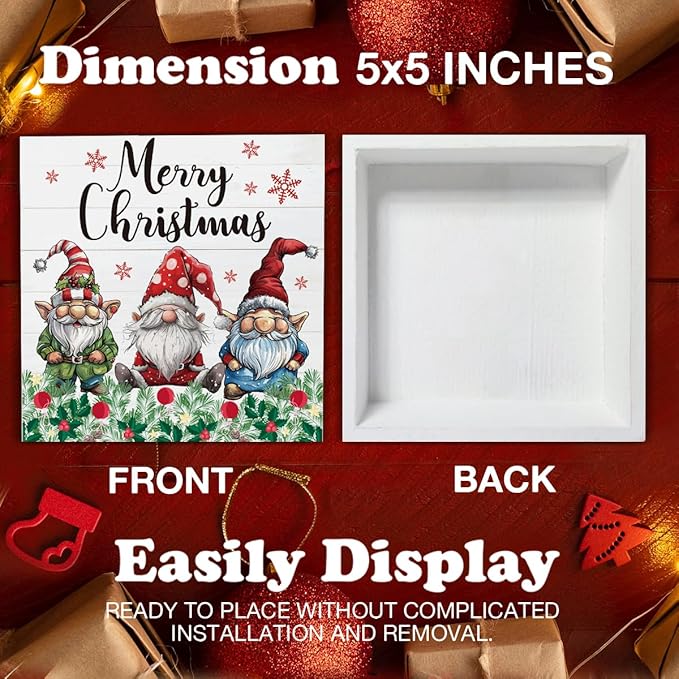 Christmas Signs, Merry Christmas Wooden Sign Decor, Christmas Gnomes Wooden Block Sign, Indoor Christmas Decor for Table Shelf 5 x 5 Inch