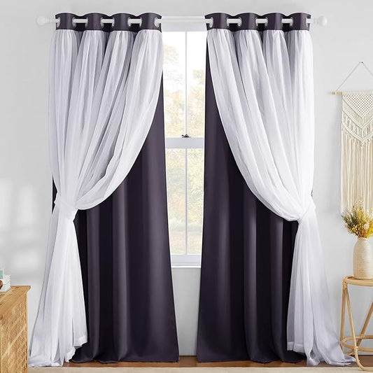 NICETOWN Blackout Curtains for Living Room Window Covering Double Layer Drapes with Sheer Overlay Thermal Insulated Farmhouse Rustic Design for Bedroom, W52 x L84 Inches, Greyish Purple, 2 Panels