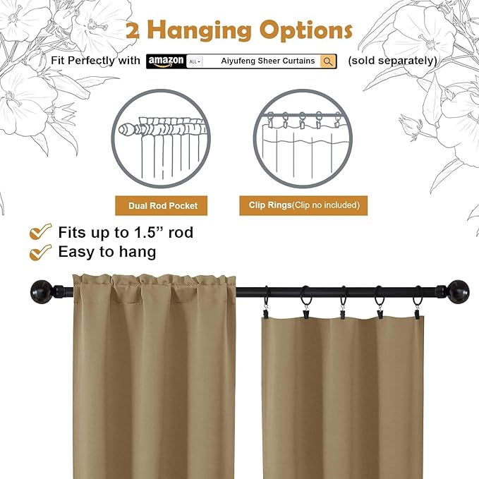 Aiyufeng Taupe Blackout Curtains for Bedroom 96 Inches Long 2 Panels, Solid Thermal Insulated, Energy Saving Living Room Window Treatment Curtains Blackout Drapes, W40 x L96 Inch, Taupe