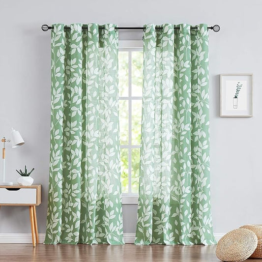 White Green Curtains for Living Room 72" Length Leaf Print Semi-Sheer Curtains for School Bedroom Windows, Grommet Top, 2 Pack