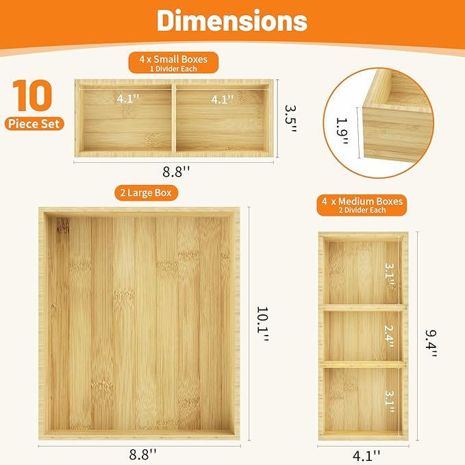 SpaceWhisper Bamboo Drawer Organizer, 10-Piece Drawer Divider with Removable Dividers for Organization and Storage, Multi-Use Stackable Storage Box & Utensil Holder for Kitchen, Office, Makeup & More