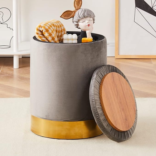 Mxfurhawa Velvet Storage Ottoman Multipurpose Footrest Stool with Metal Base Modern Round Vanity Stool Chair Ottoman Foot Stools Support 300 lbs Padded Seat for Living Room (Grey (Velvet))