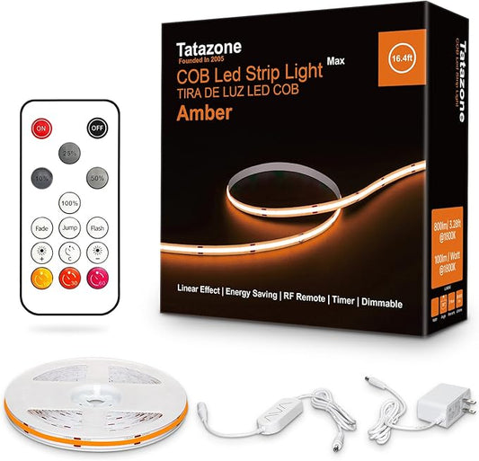 16.4ft 1800K COB Led Strip Lights with RF Remote, Dimmable Bright Adhesive Indoor Amber Led COB Light Strip for Cabinet, Painting, Room, Bed