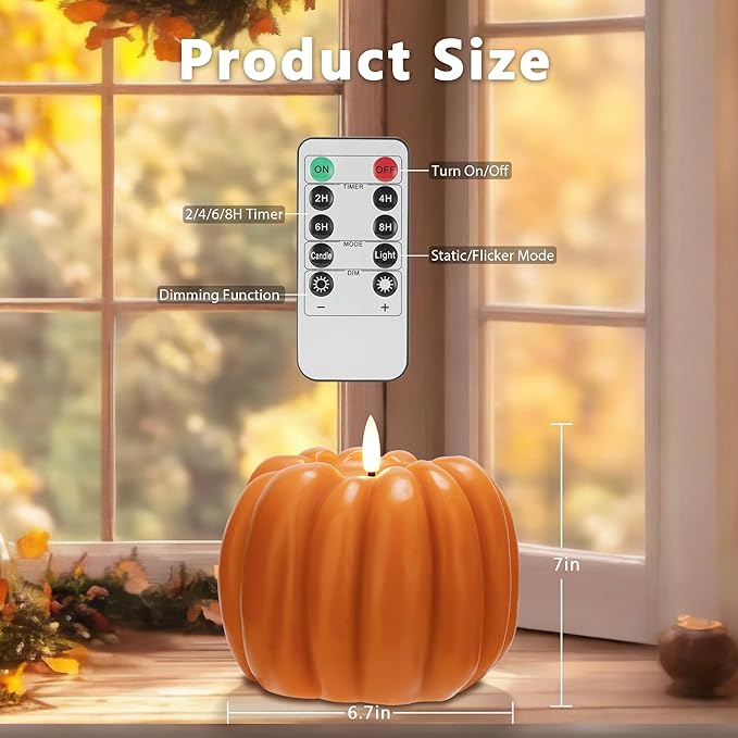 Fall Flameless Led Pumpkin Candles with Remote, Real Wax Pumpkin Shaped Battery Operated Flickering Candles with Timer for Thanksgiving Decor, Fall Home Decor, Halloween Decorations, Orange