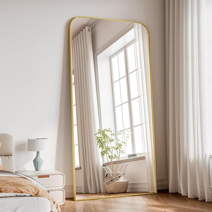 Koonmi Full Length Mirror, 80"x36" Mirror Full Length with Stand, Gold Domed Top Square-Edged Floor Mirror with Aluminum Alloy Frame for Bedroom Living Room