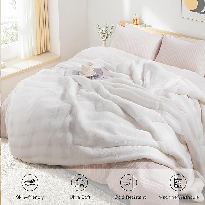 NEXHOME PRO Faux Fur Throw Blanket, Ultra Soft Cozy Warm Fuzzy Fluffy Plush Reversible Blanket for Couch, Sofa, Bed, Home Decor Gift, White 5060