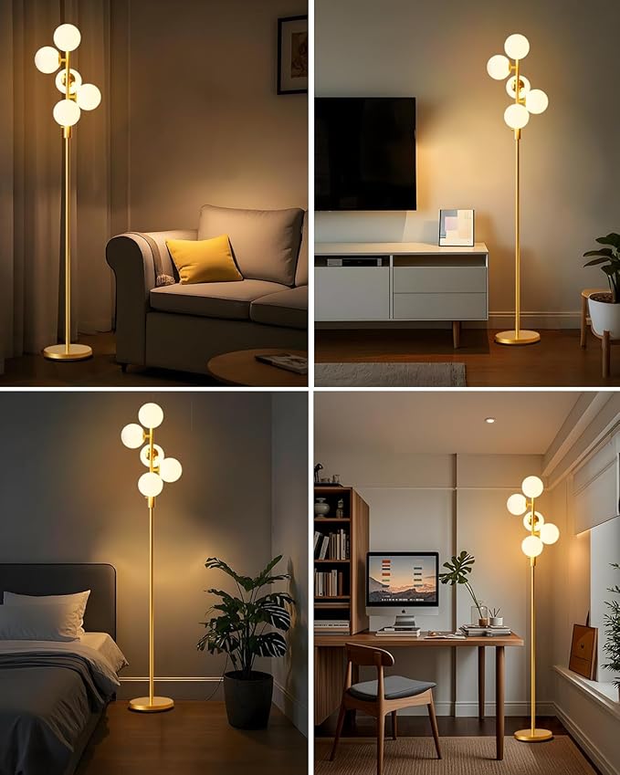 Lightdot Gold Floor Lamp Dimmable (Brightness Adjustable) Globe Retro Standing Lamps with 5PCS 3000K G9 Bulbs, Mid Century Modern Floor Lamp for Living Room Bedroom Home Office