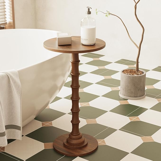 Round Side Table, Modern Drink Table for Small Spaces, Slim End Table with Solid Wood Leg for Living Room, Bedroom, Corners, and Office (Walnut Brown)