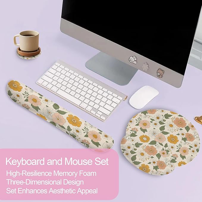 Retro Boho Groovy Flower Mouse Pad with Wrist Rest and Keyboard Wrist Rest Set, Non-Slip Rubber Base Memory Foam Mouse Pad Set for Women, Office Desk Accessories, Gaming