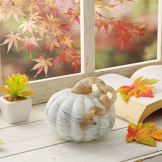 Glitzhome Hand Blown Glass Pumpkin Table Accent for Home Decor Fall Harvest for Mother Gray Marble 4.13" H