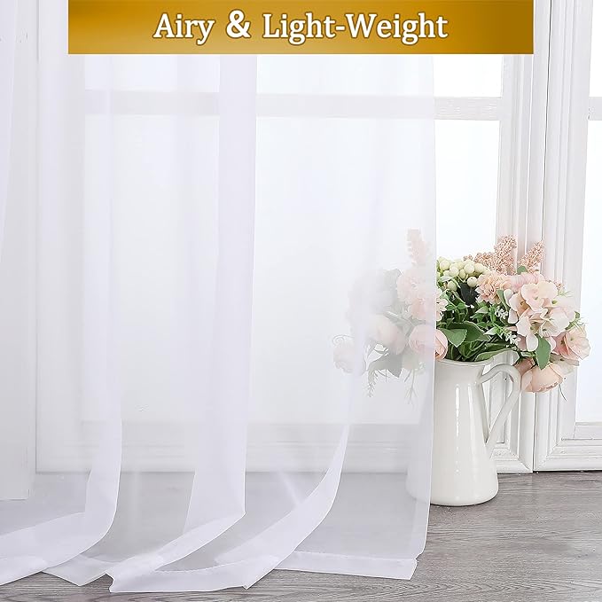 Aiyufeng White Sheer Curtains 54 inch Length Living Room Short Voile Drapes Solid Sheers Cafe Curtains Voile Bathroom Small Window Curtain 2 Panels Set, Rod Pocket, 40" Wx54 L