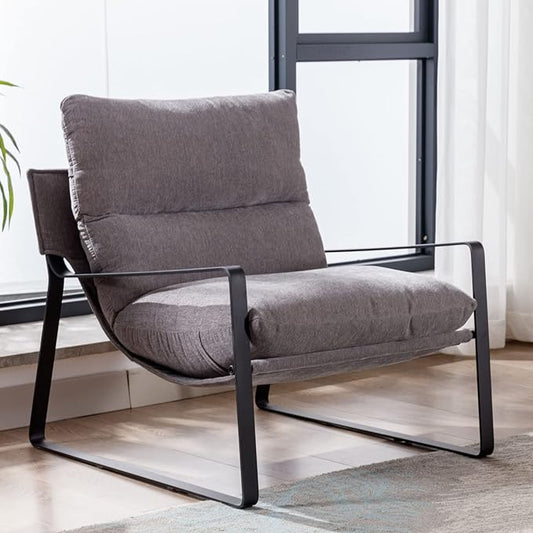Mid-Century Accent Chair, Comfy Linen Fabric Side Chair with Armrest, Upholstered Leisure Chair with Black Metal Frame for Living Room Bedroom Reception Room, Grey