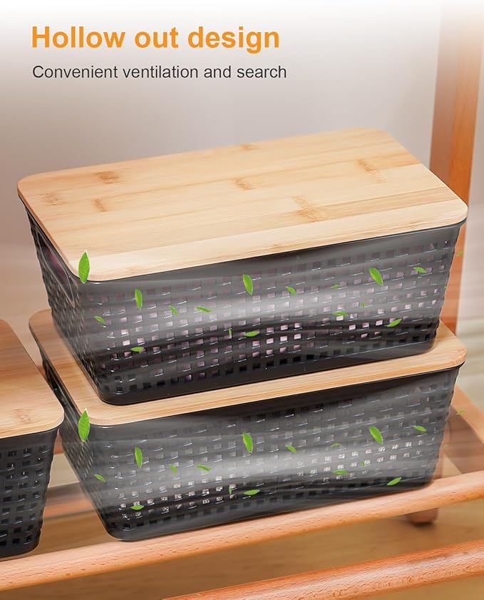 Storage Bins with Lids 6 Packs, Plastic Storage Bins with Bamboo Lids for Pantry Organization and Storage Containers for Shelves Drawers Desktop Closet Office Home, Black