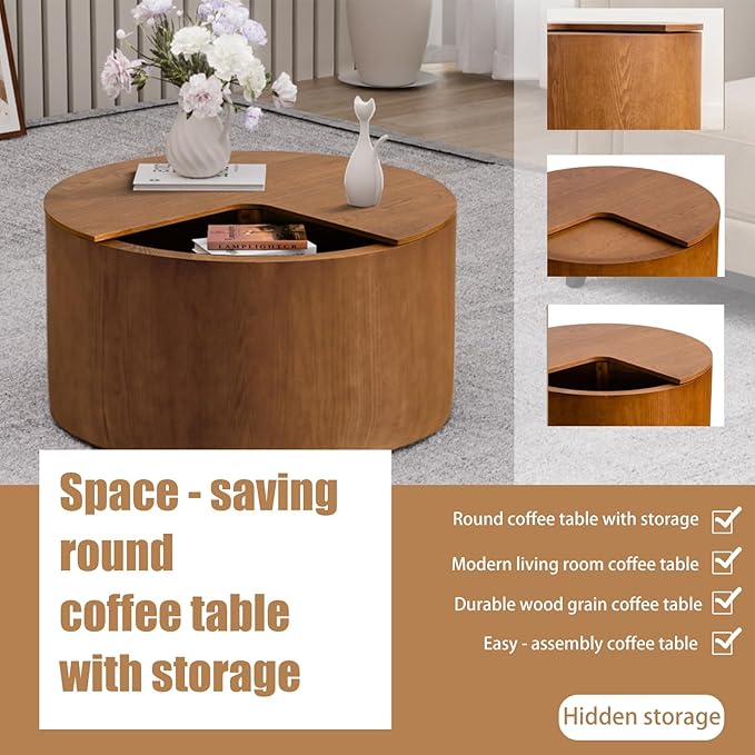 Mid - Century Modern Round Drum Coffee Table with 360° Rotating Desktop & Storage, 27.16" Walnut Small Center Table for Living Room & Home Small Spaces (Brown 27.16)