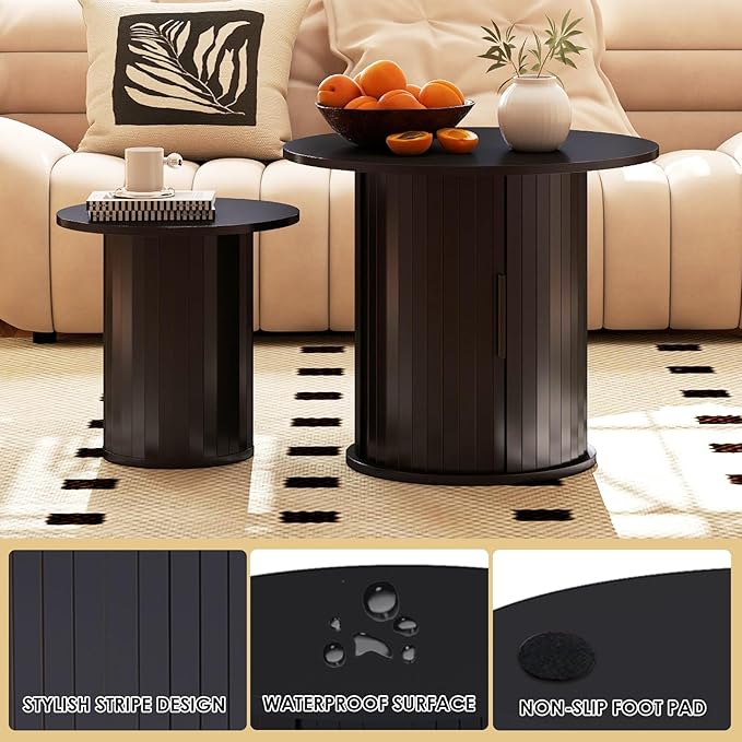 Nesting Coffee Table Set of 2 with Hidden Storage & Sliding Door, Circle Wood Coffee Table, Farmhouse Side & End Table Sets for Living Room, Small Spaces, Black