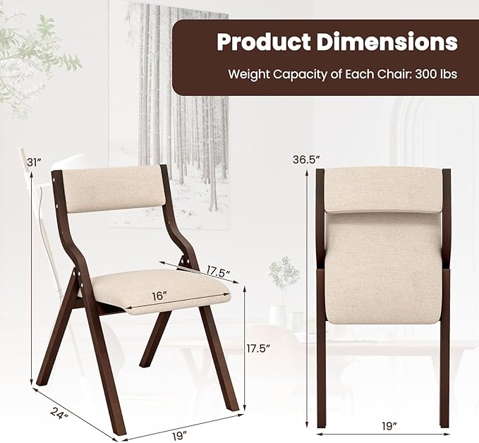 Giantex Folding Dining Chairs Set of 2, No Assembly Required with Linen Padded Seats, Wooden Foldable Kitchen & Party Chairs, Easy to Store for Extra Events