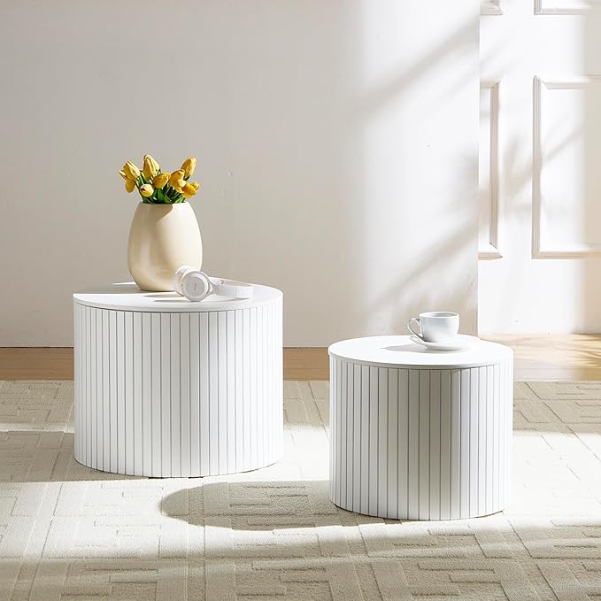 Round Storage Side Table Set of 2, Nesting Coffee Tables with Hidden Storage, Modern Wood Accent End Table for Living Room, Bedroom, Small Space, Minimalist Bedside Table, No Assembly(White)