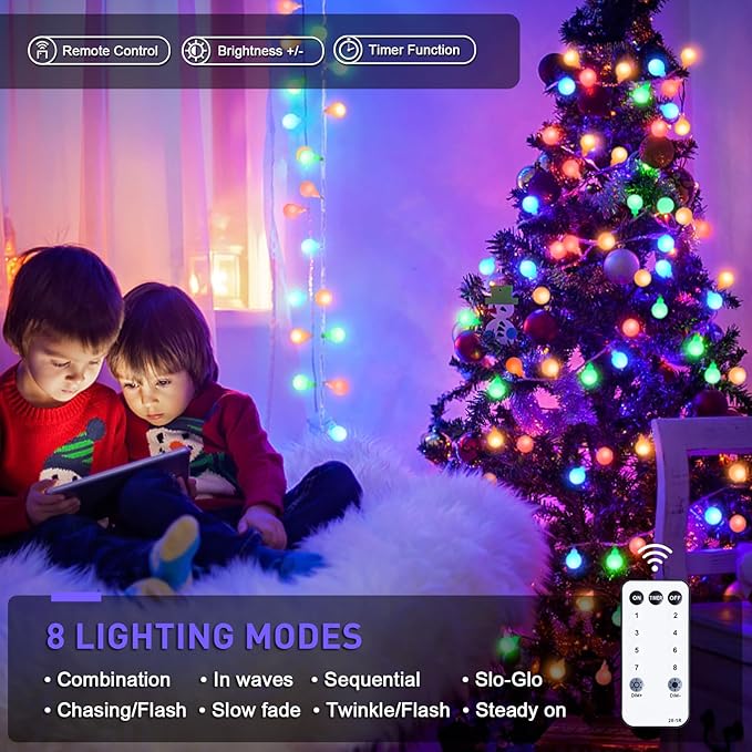 JMEXSUSS 100 LED Connectable Christmas String Lights Indoor Plug in, 33ft 8 Mode Globe String Lights with Remote, Fairy Christmas Lights for Bedroom Room Tree Party Christmas Decoration (Multicolor)