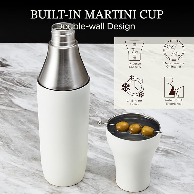 Kitessensu Hybrid Cocktail Shaker | Vacuum Insulated Stainless Steel Martini Shaker with Double Wall Martini Cup | Integrated Measuring System | Tumbler Lid & Cocktail Recipes Included | Cream