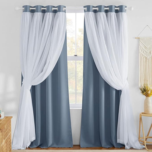 NICETOWN Bedroom Curtains for Kids, Room Darkening Thermal Insulated Sliding Glass Door Curtains for Living Room Double Layer Curtains with Crushed Sheer Overlay, 52" W x 84" L, 2 Panels, Stone Blue
