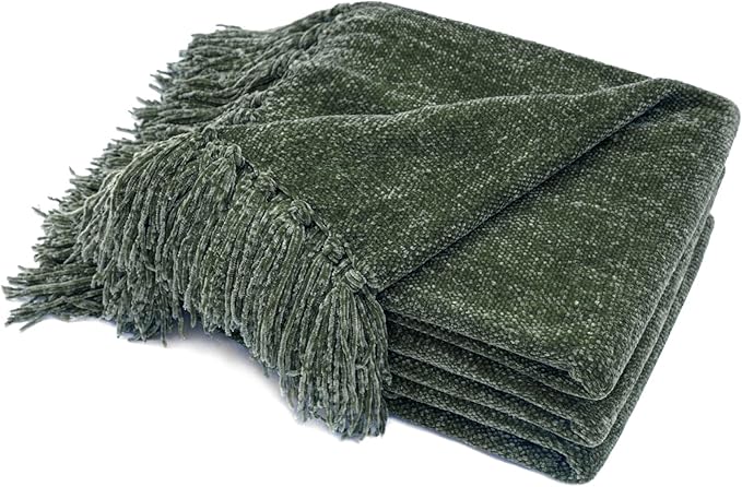 RECYCO Throw Blanket Soft Cozy Chenille Throw Blanket with Fringe Tassel for Couch Sofa Chair Bed Living Room Gift (Dark Green, 50" x 60")