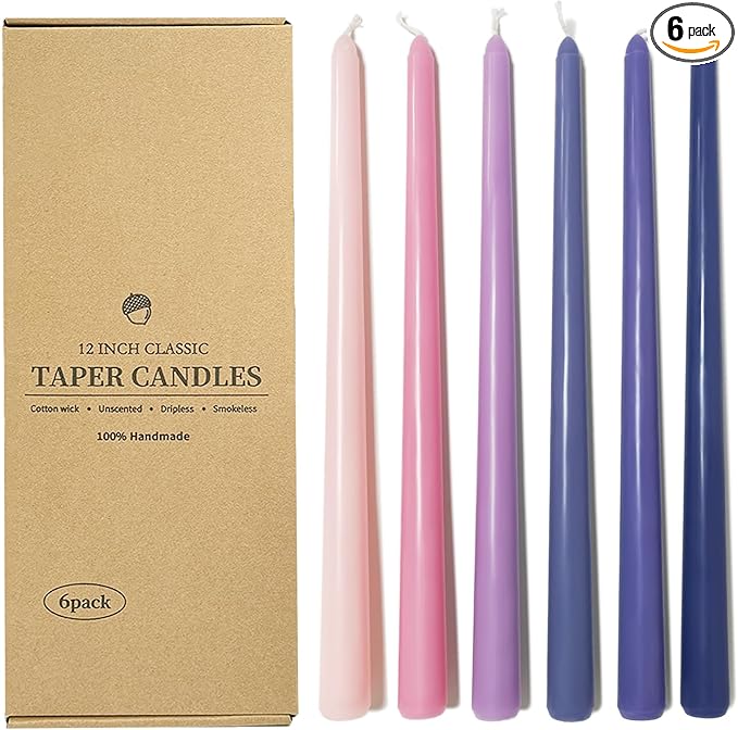 12 Inch Taper Candles 6 Pcs Unscented, Smokeless, Dripless Long Tapered Candlesticks Candles for Christmas Birthday Dinner Wedding Party Home Decor