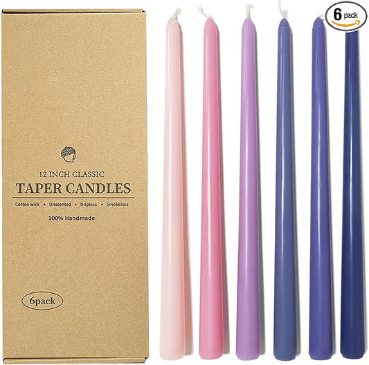 12 Inch Taper Candles 6 Pcs Unscented, Smokeless, Dripless Long Tapered Candlesticks Candles for Christmas Birthday Dinner Wedding Party Home Decor
