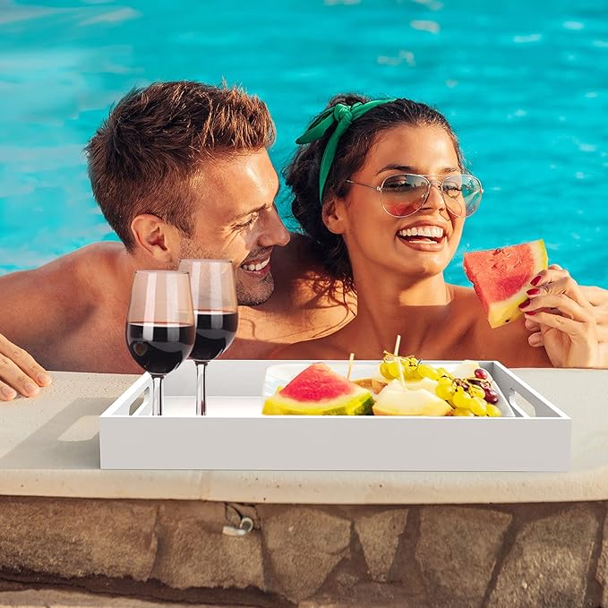 Acrylic Serving Trays with Handles, 16"x 12" Rectangle Sturdy Breakfast Tray, White Decorative Trays Organiser for Bedroom, Kitchen, Living Room, Bathroom, Hospital and Outdoors