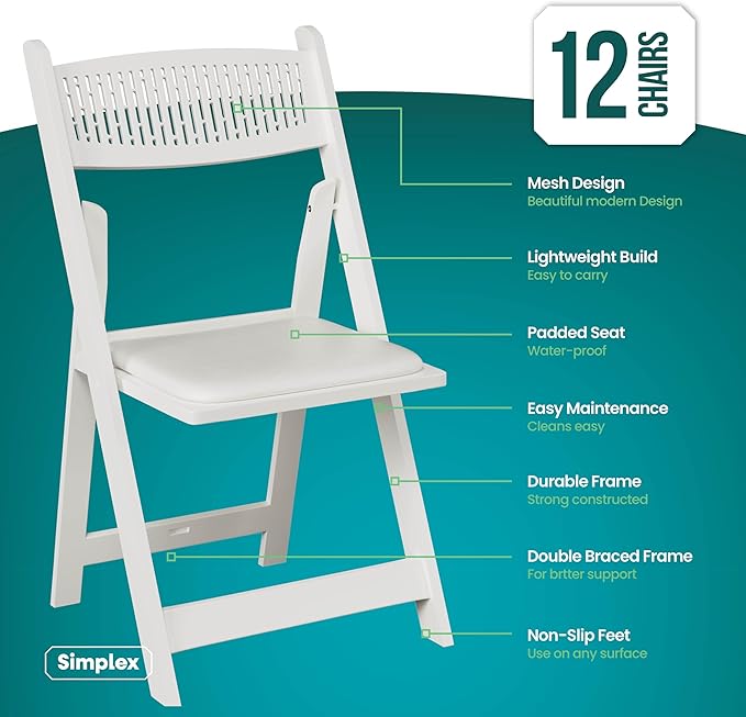 SIMPLEX White Stackable Folding Chairs with Padded Seat & Mesh Back, Padded Indoor/Outdoor Folding Chair, Lightweight Foldable Chairs, Weight Capacity 800LBs (12 Pack)