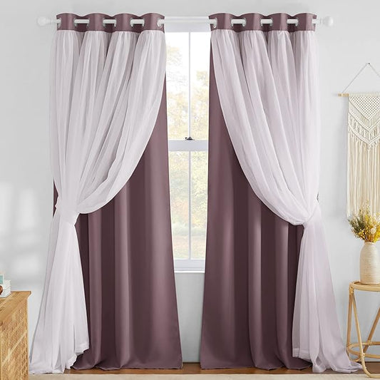 NICETOWN Living Room Curtains - Thermal Insulated Blackout Curtains with White Crushed Sheer Mix & Match Farmhouse Window Covering for Home Decoration with Tie Ropes, Dry Rose, W52 x L84, 1 Pair