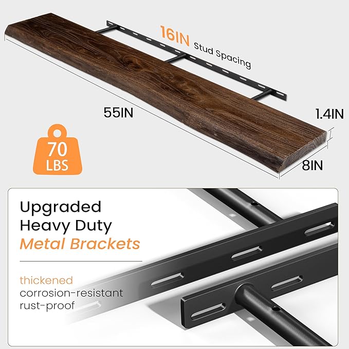 Fun Memories Floating Shelves for Wall Decor, Rustic Solid Elm Wood Live Edge Floating Shelves Wall Mounted, Heavy-Duty Shelf with Invisible Bracket for Living Room Kitchen, 55 Inch Set of 1, Walnut