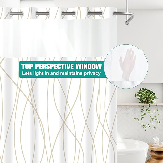 No Hook Beige Khaki Striped Long Shower Curtain with Snap in Fabric Liner Set - Hotel Shower Curtain and Liner Set with See Through Mesh Top Window,Machine Washable, 71x86 INCH