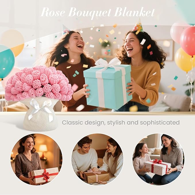 Flower Bouquet Blanket Gifts for Mom Grandma Wife Girlfriend,Completed Crochet Flower Blanket,Soft Knitted Throw Blankets,Gifts for Her Christmas Birthday Anniversary (Pink Roses)