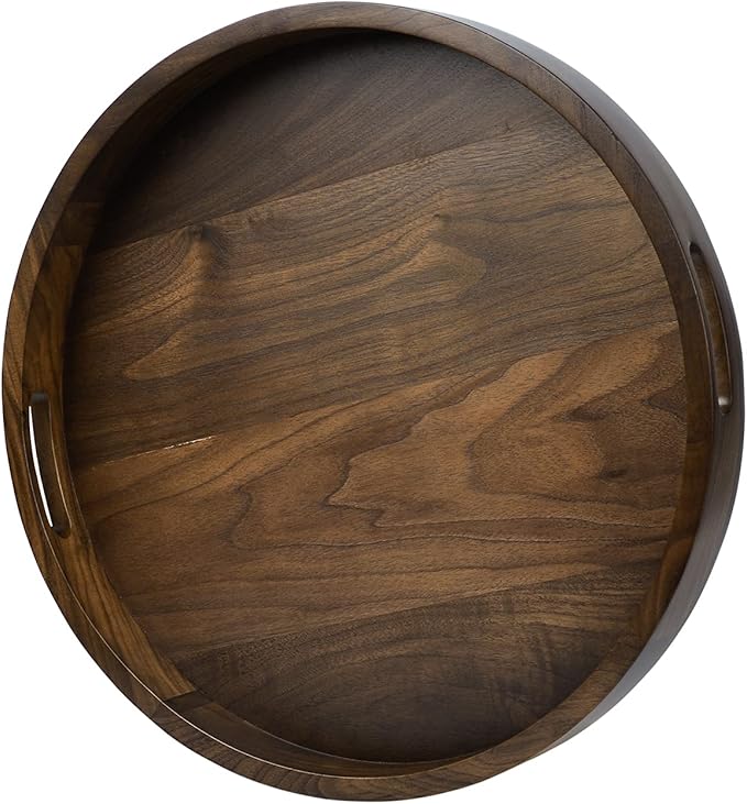 18 x 18 inches Large Round Ottoman Table Tray, Wooden Solid Black Walnut Circle Platter Decorative Serving Tray with Handle for Oversized Ottoman Home Breakfast in Bed Tea Coffee