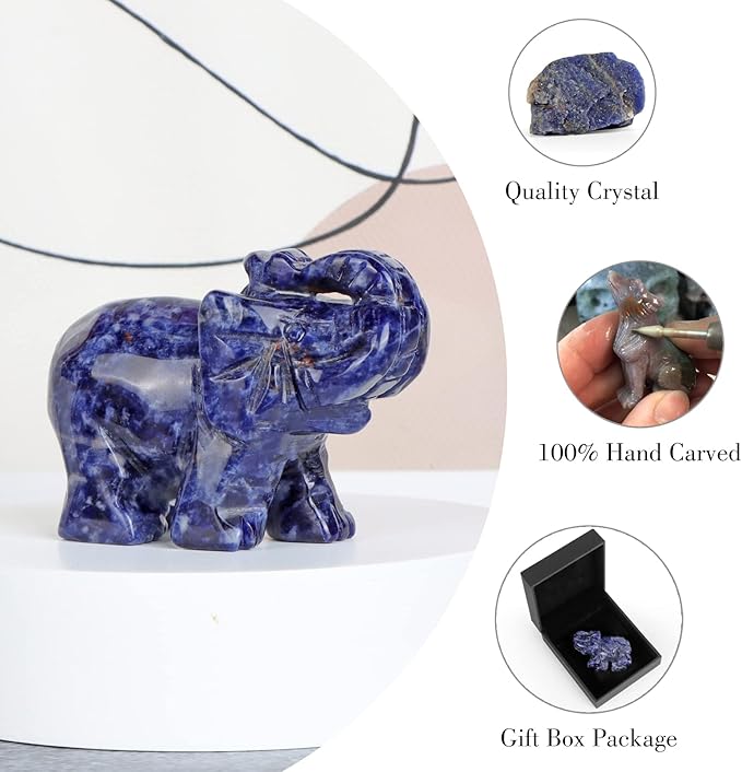 SMQ Sodalite Crystal Elephant Statue,Hand Carved Healing Crystal Gemstone Blue Elephant Animal Figurine Crafts Gifts Decor for Home Office Desk