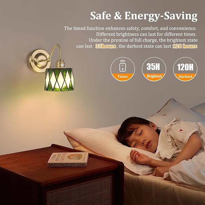 Vintage Battery Operated Wall Sconce Set of 2, 5000mAh Rechargeable Wall Lamp 12 RGB Colors Dimmable, Gold Lights Fixture for Bedroom Bathroom Living Room Hallway Clear Green Checker