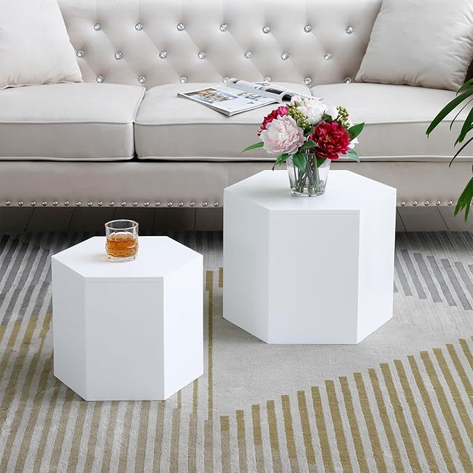 Nesting Coffee Table Set of 2, Wood Round Coffee Table, Modern Hexagon Coffee Table for Small Space Living Room, White
