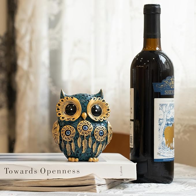 Decorative Owl Figurine, Vintage Blue and Gold Owl Statue Home Decor - Evil Eye Accent for Bookshelf, Bedroom, Living Room, Office & Table. Cute Small Animal Sculpture Gift for Birds Lovers.(Blue)