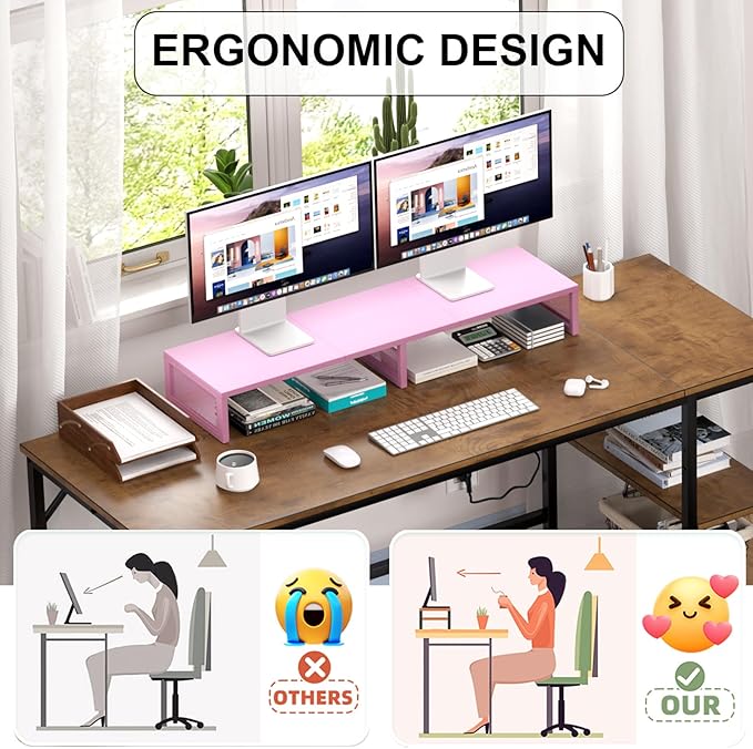 Dual Computer Monitor Stand Riser, Desk Organizers and Accessories, Printer & TV Stand, Desk Shelf, Office Desk Accessories & Desktop Workspace Organizer for Office Supplies, Pink