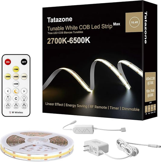 16.4ft Tunable White COB Led Strip Light with RF Remote, Dimmable CCT 2700K-6500K Led Tape Lights, Adhesive High Density Led COB Light Strip for Bedroom, Kitchen, Cabinet
