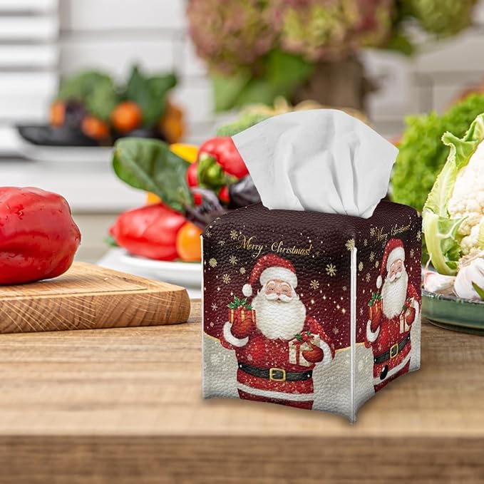 Santa Claus Tissue Box Cover Square Facial Tissue Holder Storage for Bedroom Bathroom Night Stand Car Modern Christmas Decorative with Buttons Napkin Case Covers