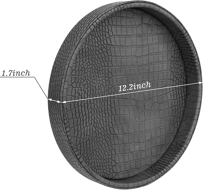 HofferRuffer Faux Leather Round Serving Tray, Vegan Croco Leather Decorative Tray, Food Tray for Storage Drinks, Snack & Cosmetics, Dia.12'' x 1.6'' (Dark Grey)