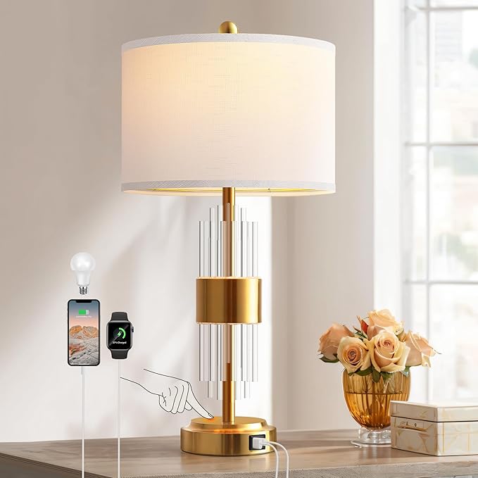 QiMH Gold Table Lamp for Living Room with USB A+C Ports, Bedside Lamps for Bedrooms with Touch Control USB Ports, Modern Nightstand Lamp White Lamp Shade Home Light Decor (2700K LED Bulb Included)