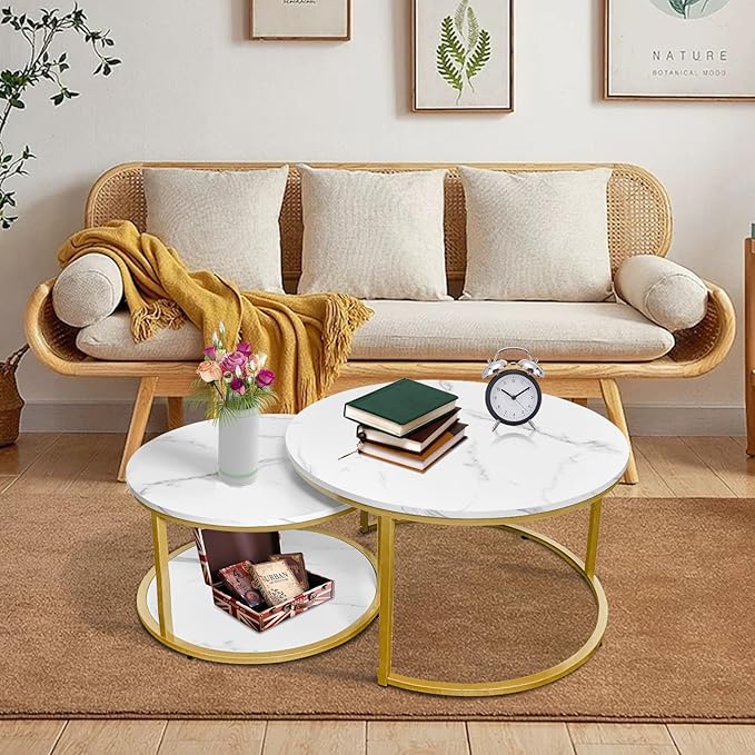 AT-VALY Coffee Table Set of 2 Nesting Tables,Round Side Table for Living Room, Small Accent Table with Storage (Gold)
