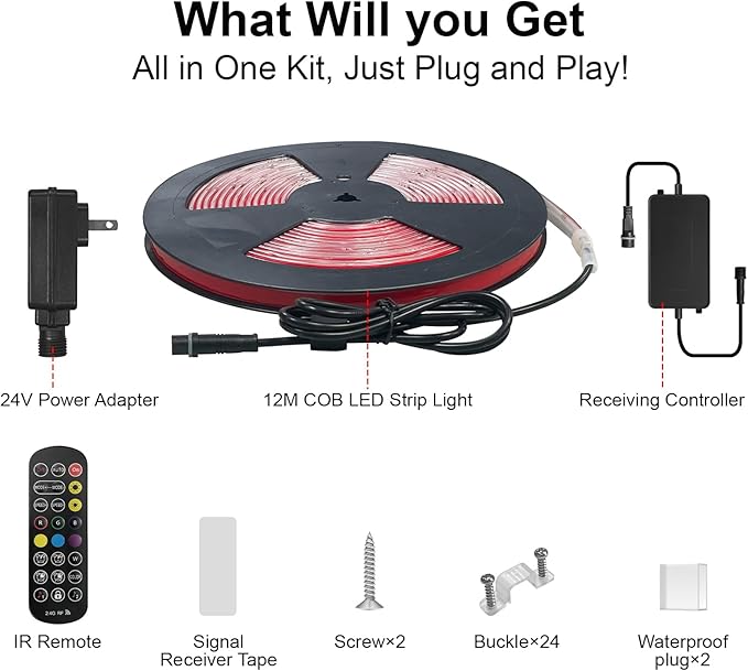 Outdoor LED Strip Lights RGB Smart IC IP67 COB LED Strip Light 40FT/12M Waterproof Led Strip Lights App & Remote Control Exterior RGB+IC Outdoor Lights for Patio, Eave, Patio Decorations