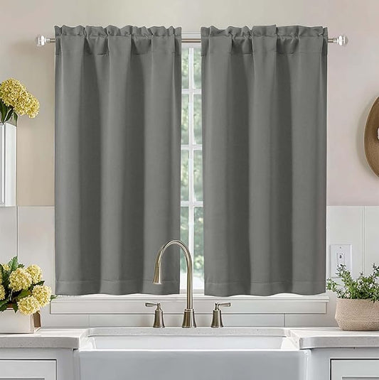Aiyufeng Light Grey Short Blackout Curtains for Bedroom 45 Inches Long 2 Panels Set, Solid Thermal Insulated, Energy Saving Window Treatment Curtains Blackout Drapes, W40 x L45 Inch, Light Grey