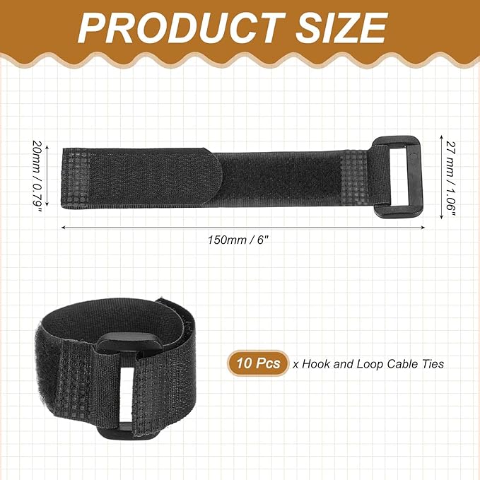 PATIKIL 6 x 0.79 Inch Reusable Cable Ties 10 Pcs Adjustable Hook and Loop Straps Cord Management Wire Wrap Cord Ties Organizer for Home Office Cables, Black