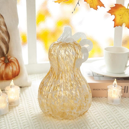 Glitzhome Hand Blown Glass Pumpkin, 8.5" H Fall Amber Dots Glass Gourd Crystal Pumpkin Home Decor Collectible Figurine Home Decorations for Tabletop/Halloween/Thanksgiving