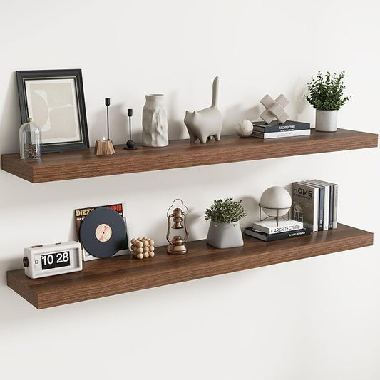 Floating Shelves for Wall with Invisible Brackets, Wall Mounted Engineered Wood Shelves with Wood Grain for Living Room, Bedroom, Bathroom, Kitchen Decor and Storage, Oak, 71"L Set of 2, Walnut